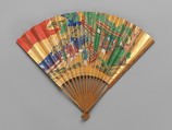 Chūkei Fan with Queen Mother of the West and King Mu of Zhou (obverse) and Plum Tree and Young Pines (reverse), Folding fan (chūkei); ink, color, gold paint, and gold leaf on paper; bamboo ribs and lacquer, Japan