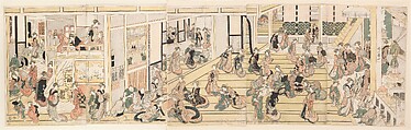 New Year's Day at the Ōgiya Brothel, Yoshiwara, Katsushika Hokusai  Japanese, Pentaptych of woodblock prints; ink and color on paper, Japan