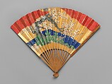Chūkei Fan with Queen Mother of the West and King Mu of Zhou (obverse) and Plum Tree and Young Pines (reverse), Folding fan (chūkei); ink, color, gold paint, and gold leaf on paper; bamboo ribs and lacquer, Japan