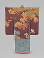 Outer Robe (Uchikake) with Maple Tree and River, Resist-dyed silk satin damask embroidered with silk and metallic thread, Japan