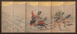 Race at the Uji River, Soga Shōhaku (Japanese, 1730–1781), Six-panel folding screen; ink, color, and gold-leaf on paper, Japan
