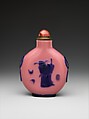Snuff bottle with demon queller Zhong Kui, Overlay glass with coral stopper, China