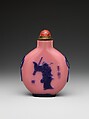 Snuff bottle with demon queller Zhong Kui, Overlay glass with coral stopper, China