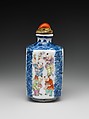 Snuff bottle with boys at play, Porcelain painted with underglaze cobalt blue and overglaze enamels (Jingdezhen ware) with coral and metal stopper, China