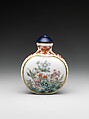 Snuff bottle with flowers and rocks, Porcelain painted with colored enamels over a transparent glaze (Jingdezhen ware) and blue glass stopper, China