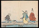 Volume 1, pages 9, 10. Courtier and servants crossing a bridge Kōrin Picture Album (Kōrin gafu) 光琳画譜, Nakamura Hōchū 中村芳中 (Japanese, died 1819), Woodblock printed book in two volumes (orihon, accordion-style); ink and color on paper, Japan