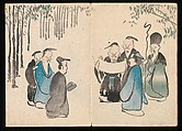 Volume 1, pages 11, 12. Seven Sages of the Bamboo Grove Kōrin Picture Album (Kōrin gafu) 光琳画譜, Nakamura Hōchū 中村芳中 (Japanese, died 1819), Woodblock printed book in two volumes (orihon, accordion-style); ink and color on paper, Japan
