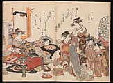 Pages 7, 8. The Courtesan Hinazuru stands at center before two kamuro, or child attendants, in spangled headpieces. A shinzō, or teenage apprentice, sits at left. As symbols of good fortune, flaming jewel motifs decorate the courtesan’s outer robe and those of her child attendants. She has copied out a poem by Fujiwara no Sanesada (1139–1191) from the celebrated compendium of court poetry called “One Hundred Poets One Poem Each” (Hyakunin isshu):
When I turned
to catch the source
of the cuckoo’s call,
all I saw was the moon
in the early dawn sky.
Chōzan, a courtesan of the Chōjiya Brothel sits at an elegantly appointed desk with brushes, poem cards, and books. Her child assistant blows on the coals in the hibachi, or container of hot coals. Chōzan has transcribed a poem by Lady Ise, included in the “Collection of Poems Ancient and Modern” (Kokin wakashū):
Departing wild geese
appear blind to the arrival
of spring mists—
is it because they harken
from villages with no flowers? A New Record Comparing the Handwriting of the Courtesans of the Yoshiwara (Yoshiwara keisei shin bijin jihitsu kagami) 吉原傾城新美人自筆鏡, Kitao Masanobu (Santō Kyōden) 北尾政演 (山東京伝) (Japanese, 1761–1816), Woodblock printed book; ink and color on paper, Japan