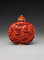 Snuff bottles with figures in landscape, Carved red lacquer, China