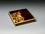 Writing Box (Suzuribako) with Hell Courtesan’s Robe, Lacquered wood with gold, silver, iroko (color) takamaki-e, hiramaki-e on black ground, Japan