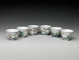 Set of wine cups with flowers of the twelve months, Porcelain painted with underglaze cobalt blue and overglaze enamels (Jingdezhen ware), China