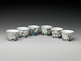 Set of wine cups with flowers of the twelve months, Porcelain painted with underglaze cobalt blue and overglaze enamels (Jingdezhen ware), China