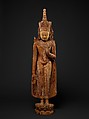 Standing Crowned and Jeweled Buddha, Wood with traces of red lacquer, gesso and gold leaf, Burma
