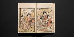 Mirror of Yoshiwara Beauties (Seirō bijin awase sugata kagami) 青楼美人合姿鏡, Katsukawa Shunshō　勝川春章 (Japanese, 1726–1792), Woodblock printed book; ink, color, and mica on paper, Japan