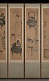Still life with bronze vessels and flowering plants, Attributed to Jang Seung-eop (pen name: Owon) (Korean, 1843–1897), Ten-panel folding screen; ink on paper, Korea