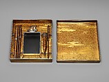 Writing Box (Suzuribako) and Writing Table (Bundai) with Pines at Takasago and Sumiyoshi, Yukio Yukio II (Japanese, 1860–1929), Lacquered wood with gold, silver takamaki-e, hiramaki-e, cut-out gold foil on nashiji ground, silver inlay, silver fittings, Japan