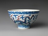 Bowl with dragons, Porcelain painted in underglaze cobalt blue and overglaze red and green enamels (Jingdezhen ware), China