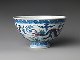 Bowl with dragons, Porcelain painted in underglaze cobalt blue and overglaze red and green enamels (Jingdezhen ware), China