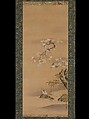Waxwings, Cherry Blossoms, and Bamboo, Kiyohara Yukinobu (Japanese, 1643–1682), Hanging scroll; ink and color on silk, Japan