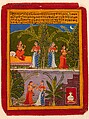 "The Manifest Deceived Heroine," Illustrated folio from a dispersed Rasikapriya (Lover’s Breviary) of Keshav Das, Sahibdin, Opaque watercolor and gold on paper; narrow red border with wide yellow inner border marginated with black rules;, India, Rajasthan, Mewar
