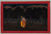 Radha and Krishna Walking at Night, folio from the Tehri Garhwal series of the Gita Govinda, Opaque watercolor and gold  on paper, India, Punjab Hills, kingdom of Kangra or Guler