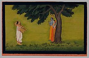 The Poet and Author of the Gita Govinda, Jayadeva, Visualizes Radha and Krishna, folio from the Tehri Garhwal series of the Gita Govinda, Opaque watercolor and gold  on paper, India, Punjab Hills, kingdom of Kangra or Guler