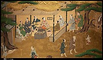Amusements at Higashiyama in Kyoto, Kano School (Japanese, 1476–1559), Pair of six-panel folding screens; ink, color, gold, mica, and gold leaf on paper, Japan