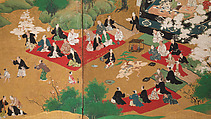 Amusements at Higashiyama in Kyoto, Kano School (Japanese, 1476–1559), Pair of six-panel folding screens; ink, color, gold, mica, and gold leaf on paper, Japan