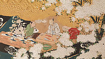 Amusements at Higashiyama in Kyoto, Kano School (Japanese, 1476–1559), Pair of six-panel folding screens; ink, color, gold, mica, and gold leaf on paper, Japan