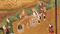 Amusements at Higashiyama in Kyoto, Kano School (Japanese, 1476–1559), Pair of six-panel folding screens; ink, color, gold, mica, and gold leaf on paper, Japan