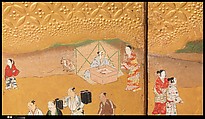 Amusements at Higashiyama in Kyoto, Kano School (Japanese, 1476–1559), Pair of six-panel folding screens; ink, color, gold, mica, and gold leaf on paper, Japan