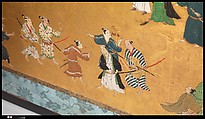 Amusements at Higashiyama in Kyoto, Kano School (Japanese, 1476–1559), Pair of six-panel folding screens; ink, color, gold, mica, and gold leaf on paper, Japan