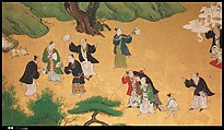 Amusements at Higashiyama in Kyoto, Kano School (Japanese, 1476–1559), Pair of six-panel folding screens; ink, color, gold, mica, and gold leaf on paper, Japan