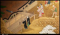 Amusements at Higashiyama in Kyoto, Kano School (Japanese, 1476–1559), Pair of six-panel folding screens; ink, color, gold, mica, and gold leaf on paper, Japan