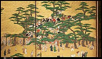 Amusements at Higashiyama in Kyoto, Kano School (Japanese, 1476–1559), Pair of six-panel folding screens; ink, color, gold, mica, and gold leaf on paper, Japan