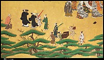 Amusements at Higashiyama in Kyoto, Kano School (Japanese, 1476–1559), Pair of six-panel folding screens; ink, color, gold, mica, and gold leaf on paper, Japan