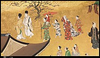 Amusements at Higashiyama in Kyoto, Kano School (Japanese, 1476–1559), Pair of six-panel folding screens; ink, color, gold, mica, and gold leaf on paper, Japan