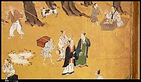 Amusements at Higashiyama in Kyoto, Kano School (Japanese, 1476–1559), Pair of six-panel folding screens; ink, color, gold, mica, and gold leaf on paper, Japan