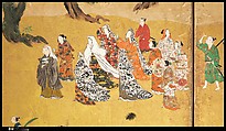 Amusements at Higashiyama in Kyoto, Kano School (Japanese, 1476–1559), Pair of six-panel folding screens; ink, color, gold, mica, and gold leaf on paper, Japan