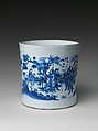 Brush Pot with King Wen and the Scholar Jiang Taigong, Porcelain with incised decoration painted with cobalt blue under transparent glaze (Jingdezhen ware), China