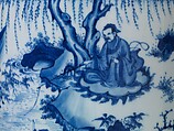 Brush Pot with King Wen and the Scholar Jiang Taigong, Porcelain with incised decoration painted with cobalt blue under transparent glaze (Jingdezhen ware), China
