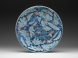 Plate with egrets in a lotus pond, Porcelain painted in underglaze cobalt blue and copper red (Jingdezhen ware), China