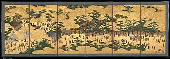 Amusements at Higashiyama in Kyoto, Kano School (Japanese, 1476–1559), Pair of six-panel folding screens; ink, color, gold, mica, and gold leaf on paper, Japan