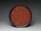 Tray with Chinese characters, bats, and fruits, Carved red, green and black lacquer, China