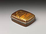 Box for Tooth Black with Design of Saltmaking Hut on the Shore (Suma no ura), Gold maki-e on black lacquer, Japan
