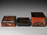 Red-Cornered Box (Sumiaka), Gold maki-e and silver foil inlay on black lacquer, red lacquer over coarse cloth, Japan