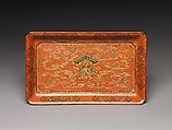 Rectangular tray with fish chime, treasures, and clouds, Polychrome lacquer with filled-in and engraved gold decoration, China