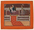 A Lady on a Terrace Smoking a Huqqa, Opaque watercolor on paper, India, Punjab Hills, Jammu