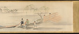 Three Gods of Good Fortune Visit the Yoshiwara; or “Scenes of Pleasure at the Height of Spring”, Chōbunsai Eishi (Japanese, 1756–1829), Handscroll; ink and color on silk, Japan