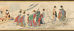 Three Gods of Good Fortune Visit the Yoshiwara; or “Scenes of Pleasure at the Height of Spring”, Chōbunsai Eishi (Japanese, 1756–1829), Handscroll; ink and color on silk, Japan